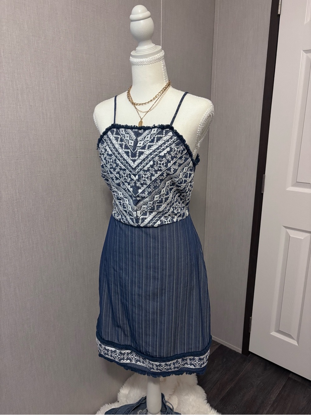 Miss Me Blue Patterned Spaghetti-Strap Mini Dress